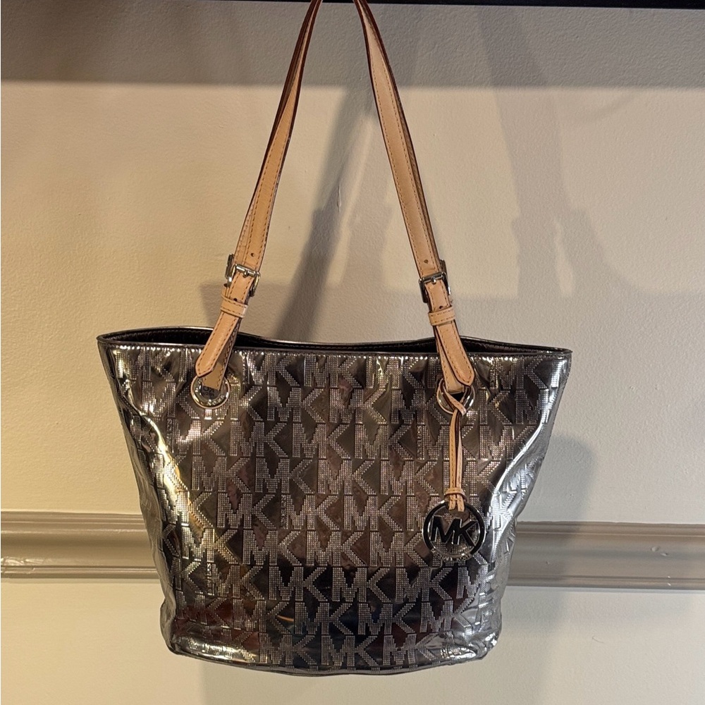 Michael Kors Shiny Mirror Silver Metallic North South Tote Bag